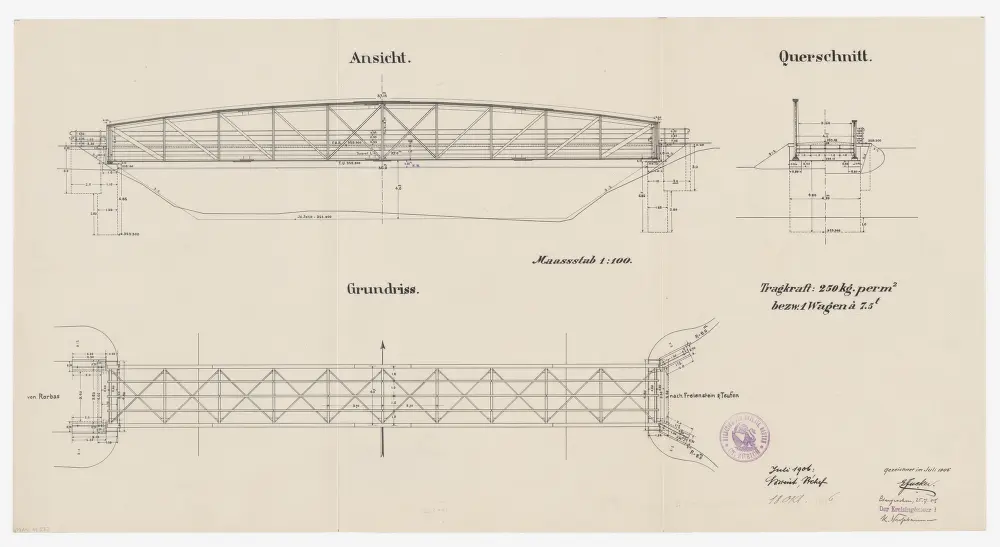 Rorbas: Projektierte neue, eiserne Fachwerkbrücke über die Töss beim Heerensteg; Seitenansicht, Grundriss und Querschnitt
