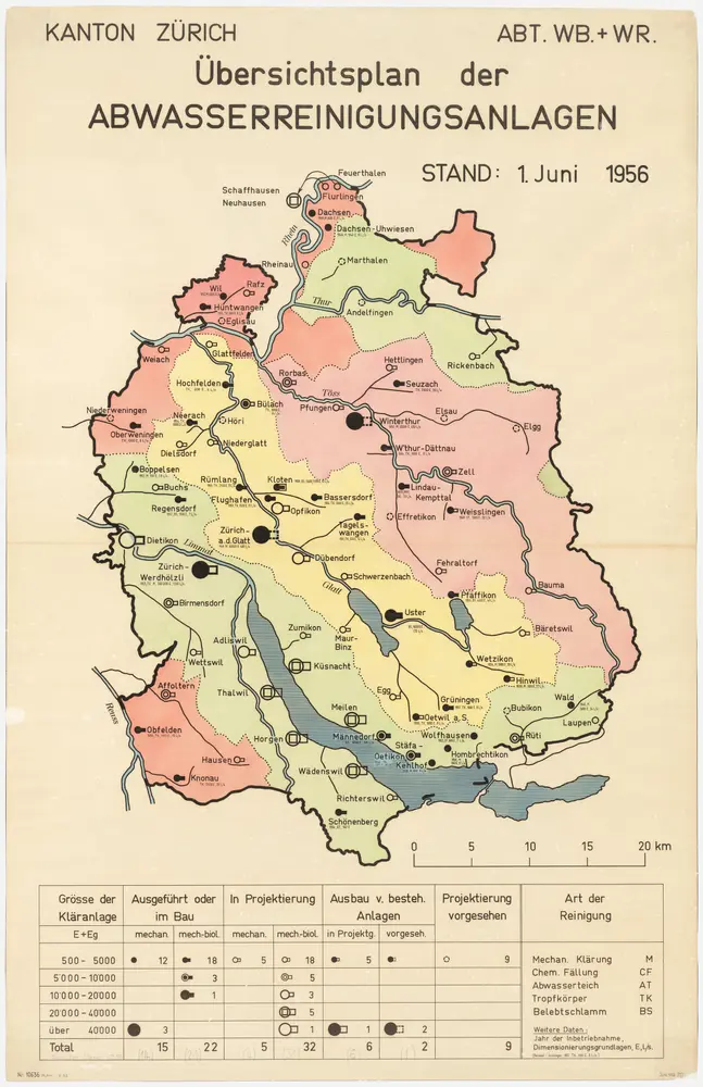 Kanton Zürich: Bestehende und projektierte Abwasserreinigungsanlagen, Zustand 01.06.1956; Übersichtskarte