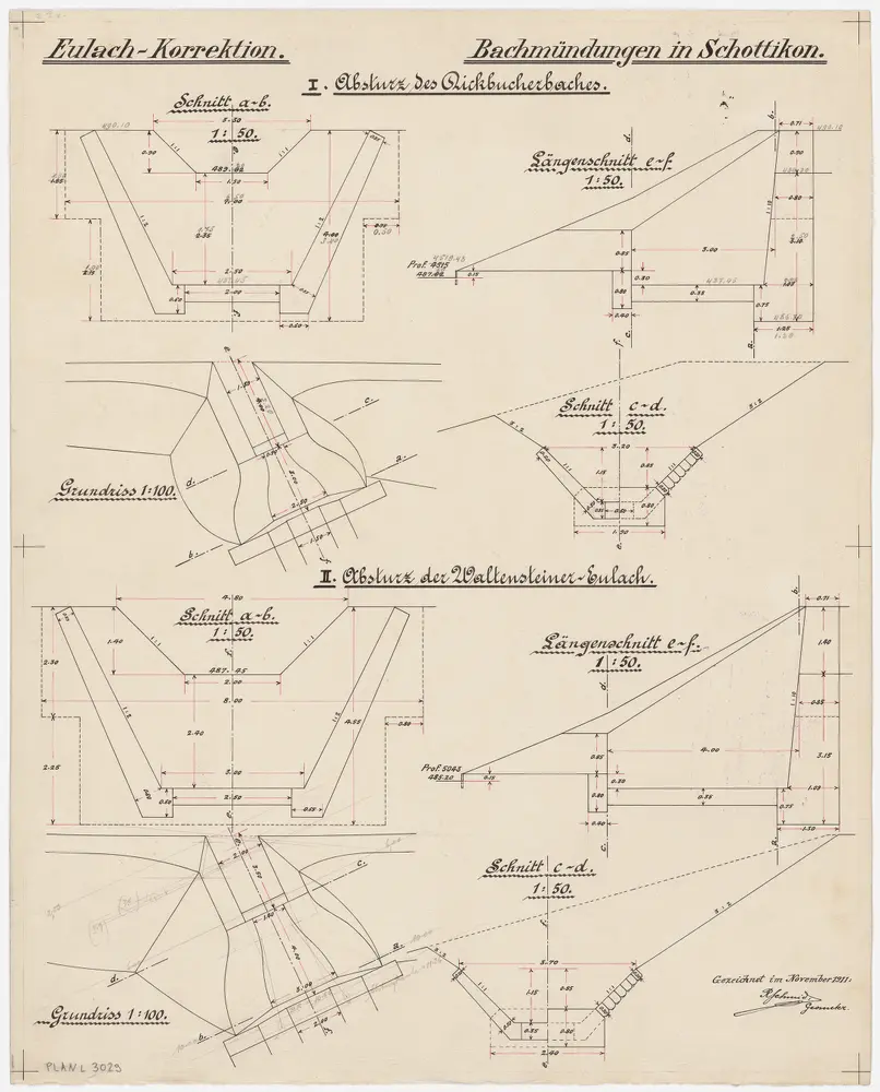 Elsau: Bei Schottikon, Eulachkorrektion, mit Absturz des Dickbucherbaches und der Waltensteiner-Eulach; Grundrisse, Längsschnitte und Querschnitte (Tösszuflüsse rechtes Ufer, Nr. 11)