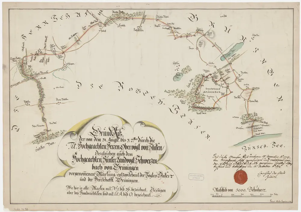 Grenze zwischen der Obervogtei Stäfa und der Landvogtei Grüningen zwischen dem Uetikoner Bann und dem Zürichsee; Grundriss