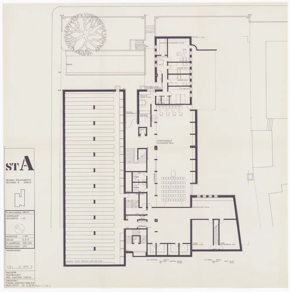 Staatsarchiv des Kantons Zürich, projektierter Neubau zwischen Zeltweg, Wettingerwies und Promenadengasse: Vorprojekt: 1. Untergeschoss; Grundriss