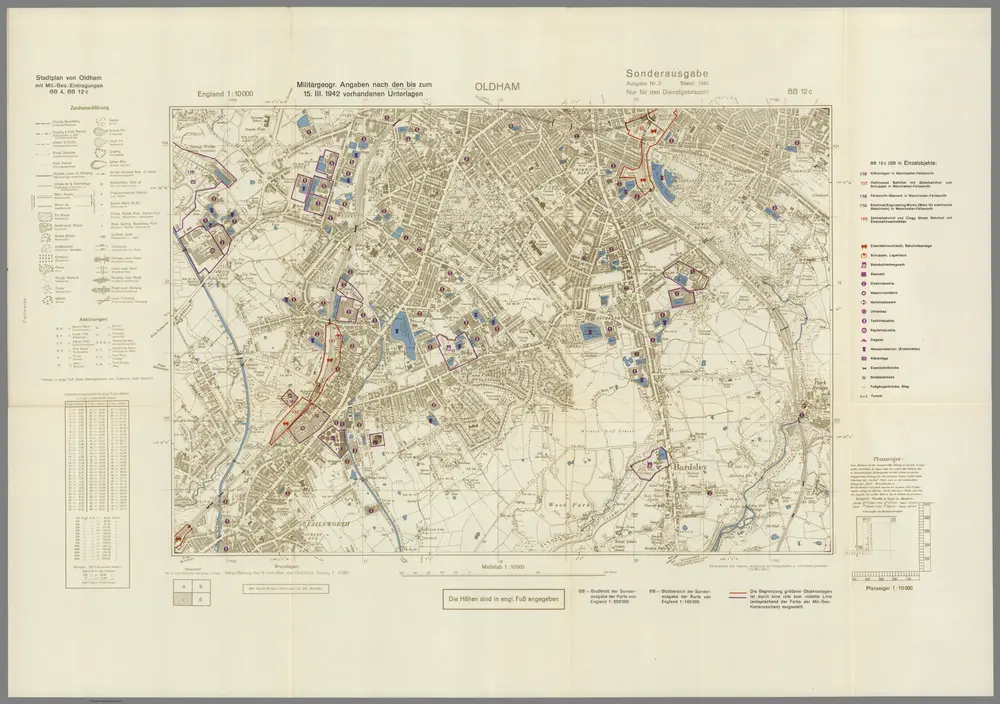 Street Map of Oldham, England with Military-Geographic Features.  BB 12c.