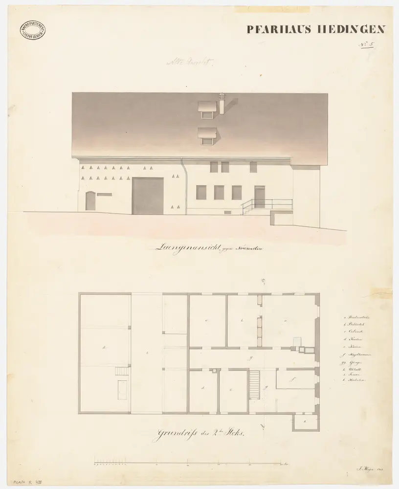 Hedingen: Pfarrhaus; Grundriss des 2. Stocks und Ansicht (Nr. 5)