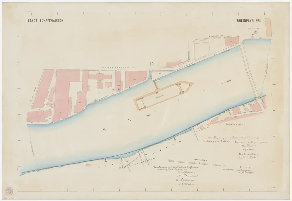 Feuerthalen, Flurlingen, Schaffhausen: Grenze zwischen den Kantonen Zürich und Schaffhausen beim Rhein zwischen Langwiesen und Flurlingen; Grundrisse: Blatt 3: Kantonsgrenze zwischen Schaffhausen (bei der Badeanstalt) und Feuerthalen; Grundriss