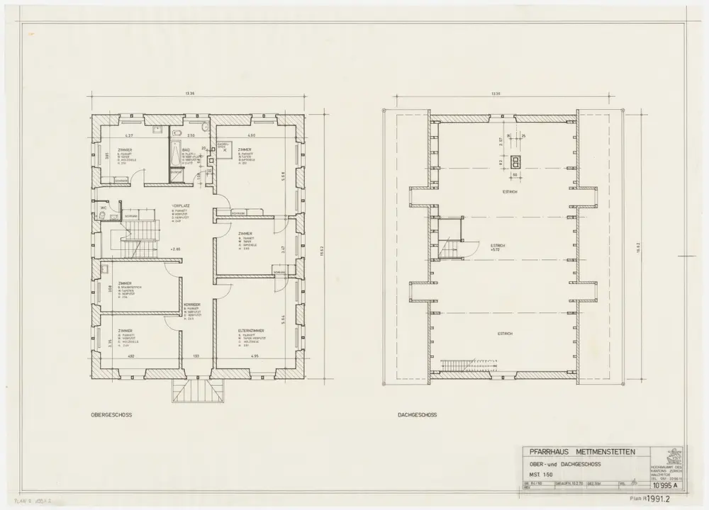 Mettmenstetten: Pfarrhaus: 1. Stock und Dachgeschoss; Grundrisse