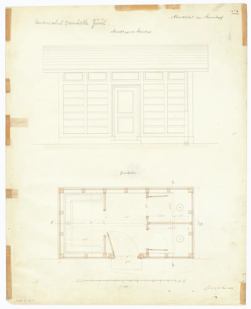 Kantonsschule, Abrtitt bei der Turnhalle, Rämistrasse: Ansicht und Grundriss (Nr. 8)