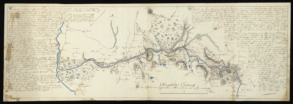 HZAN GA 100_Nr. 775_ : Bunzlau (Jung-Bunzlau); "Ohngefährer Entwurf von der Position der kaiserlichen Armee hinter der Iser";ohne Verfasser;2 Meilen = 15,8 cm;91,5 x 30 cm; Norden oben nach rechts;Kartenrand: Pösig-Neuwirtshaus-Hühnerwasser; Beschreibung - Böhmisch-Aycha; Cuschtienitz-Skall-Semile; Beschreibung - Strombett der Elbe mit Kostelatz;Papier; Federzeichnung mit Schraffen; Siedlungen angedeutet; Gewässer in Wasserfarben; Wälder besonders hervorgehoben; Erklärungen.