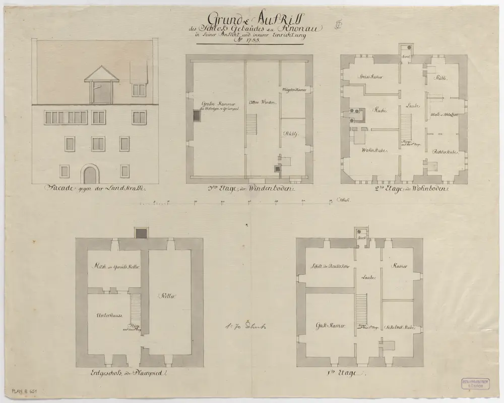 Knonau: Schloss; Grundrisse und Fassade gegen die Landstrasse