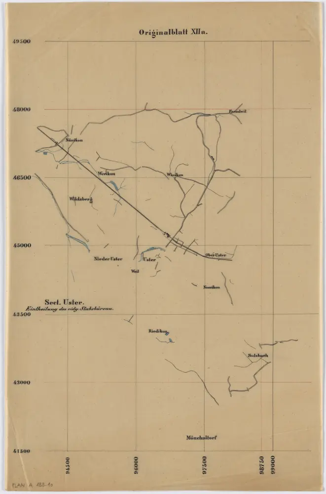 Vorlagen für die Topographische Karte des Kantons Zürich (Wild-Karte): Pausen mit Gewässern, Eisenbahn, Strassen: Originalblatt XII a: Sektion Uster