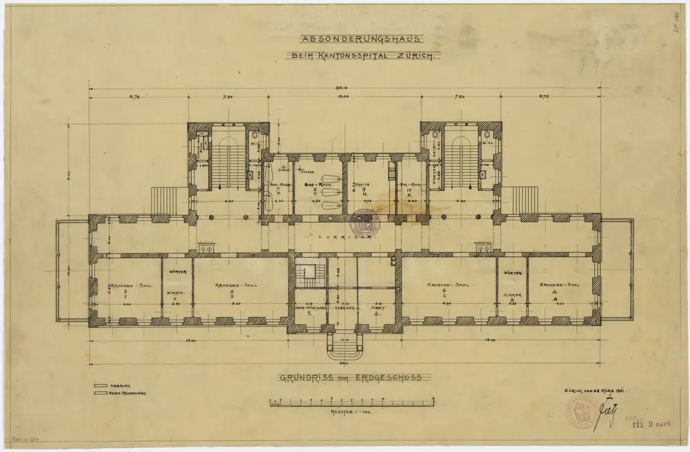 Zürich: Kantonsspital, Absonderungshaus, Erdgeschoss; Grundriss