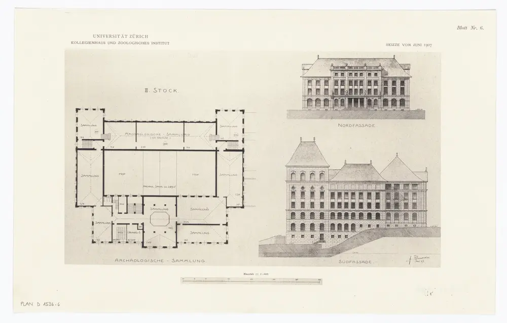 Universität Zürich, projektiertes Kollegienhaus und projektiertes Zoologisches Institut: Nord- und Südansicht und Grundriss 3. Stock (Nr. 6)