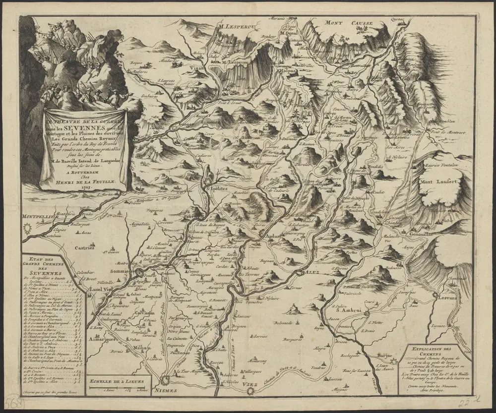 Le théâtre de la guerre dans les Sevennes avec les montagne et les plaines des environs, les grand chemins royaux