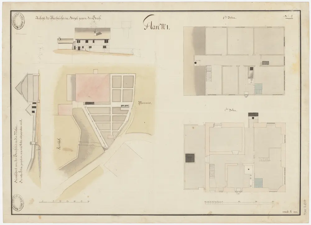 Hirzel: Pfarrhaus; Ansicht, Grundrisse der Pfarranlage, des 1. und 2. Stocks und Querschnitt (Nr. 2)