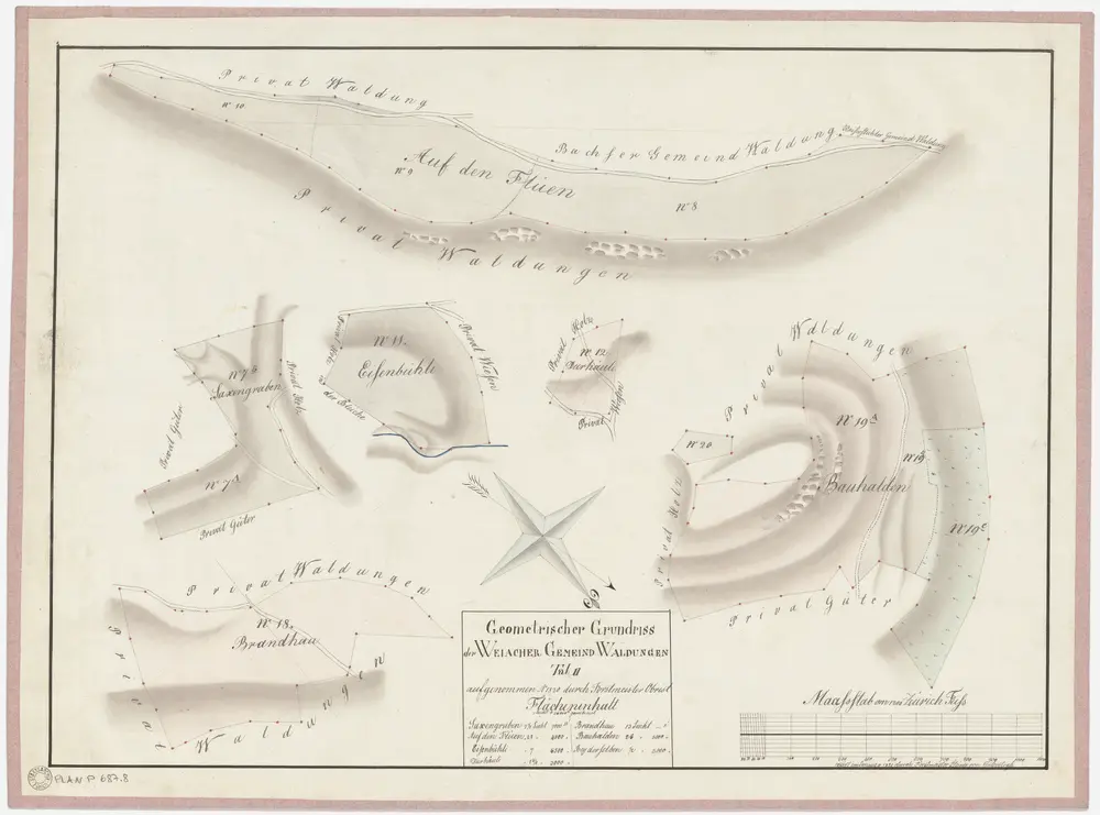 Weiach: Gemeindewaldung: Flüenen (Auf den Flüen), Isenbüeli (Eisenbühli), Durhäuli, Brandhau, Buhalden (Bauhalden), Saxegrabe (Saxengraben); Grundrisse (Tab. II)