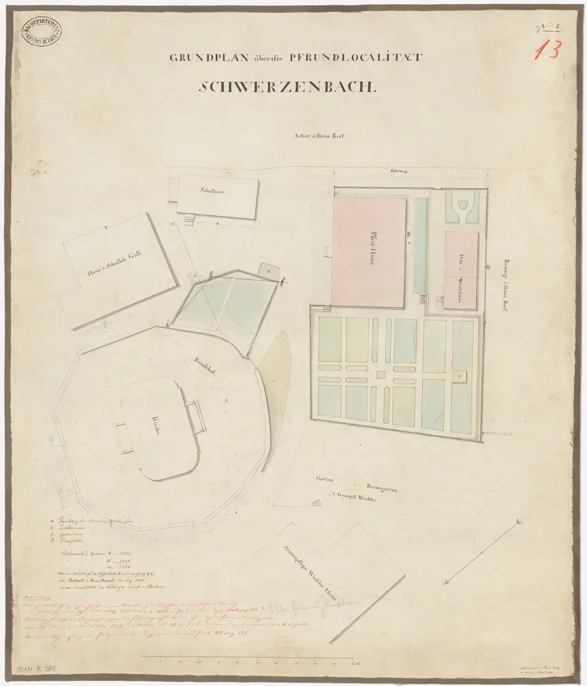 Schwerzenbach: Pfrundlokalität mit Kirche und Pfarrhaus und Umgebung; Grundriss (Nr. 13)