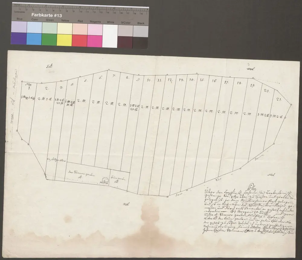 HZAN GA 100_Nr. 298_ : Neunkirchen; "Plan über den ... Hohenlohe-Bartenstein gehörigen See, ... jetzt aber zu Wiesen und Gärten angelegt, in dem Neunkirchener Forst gelegen";Joh. Christian Weinmann, Feldmesser, Pfedelbach;ohne Maßstab;43,5 x 29,5 cm;Papier; Federzeichnung; Verteilungsstücke mit Meßgehalt.