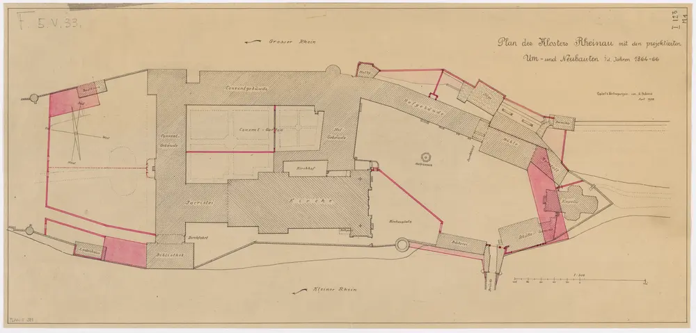 Pflegeanstalt Rheinau: Kloster Rheinau mit den projektierten Um- und Neubauten in den Jahren 1864-1866; Grundriss