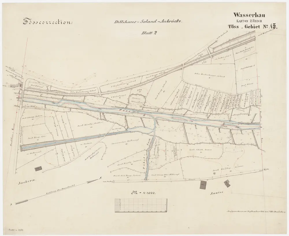 Bauma: Von der hölzernen Brücke bei Juckern bis Auwies, Tösskorrektion; Situationsplan (Töss-Gebiet Nr. 15, Blatt 2)