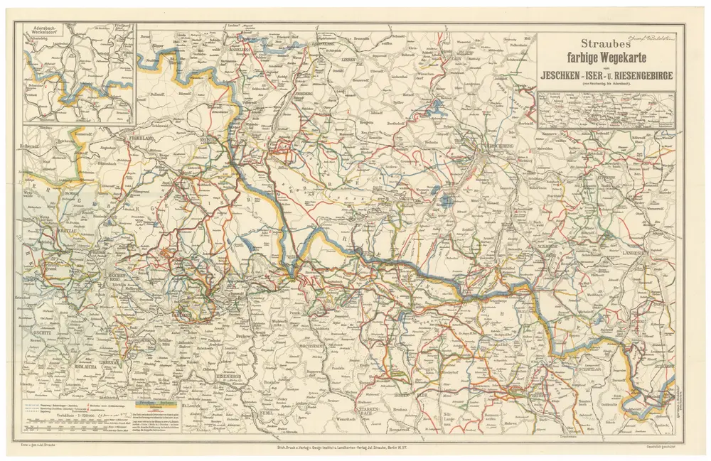 Straubes farbige Wegekarte vom Jeschken- Iser- u. Riesengebirge