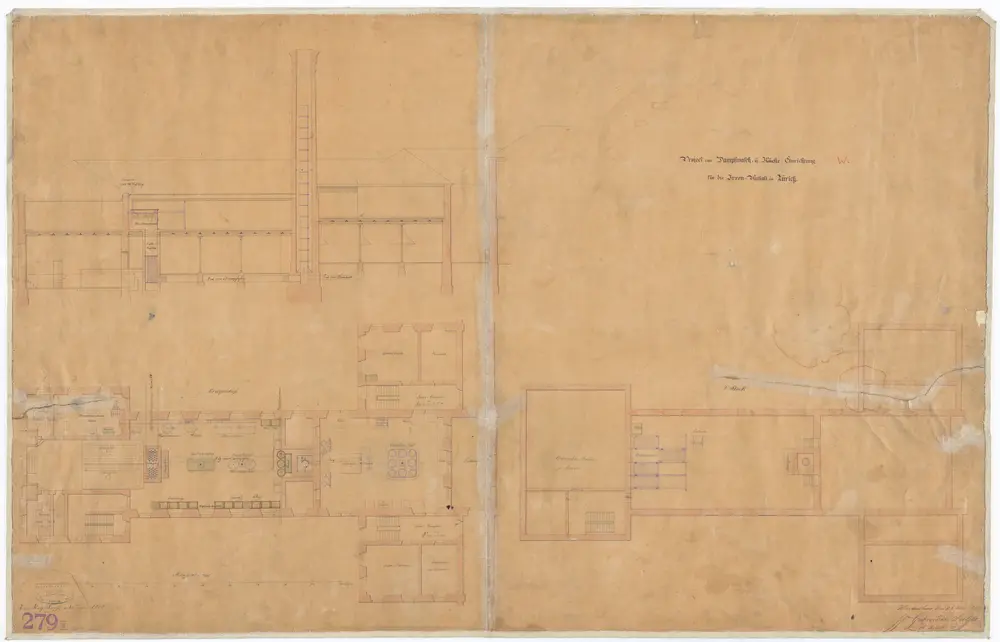 Irrenanstalt Burghölzli: Projektierte Dampfwasch- und Kücheneinrichtung; Grundrisse und Schnitt
