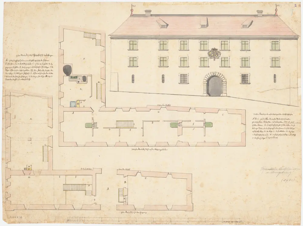 Andelfingen: Pfarrhaus vor dem Um- bzw. Neubau; Ansicht der Hauptfassade und Grundrisse des Erdgeschosses und des 1. Stocks (Nr. 2)