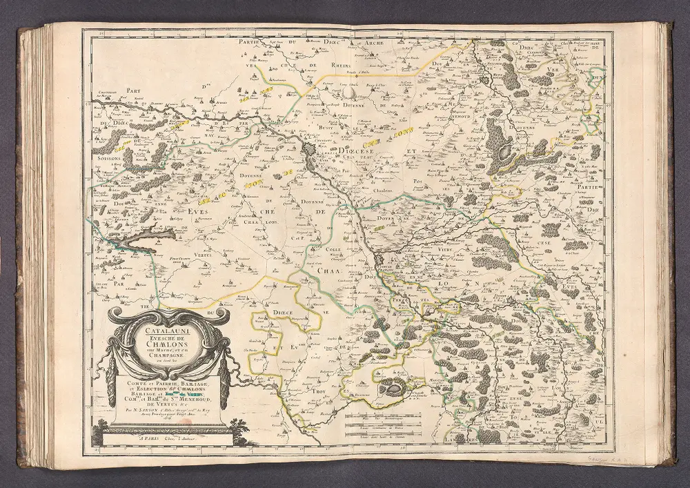 Catalauni -- Evesche de Chaalons sur Marne, et en Champagne ou sont les Comte et Pairrie; Balliage, et Eslection de Chaalons, Balliage et Esltion de Vitry, Comtes, et Bailges de Ste Menehoud, de Vertus &c.