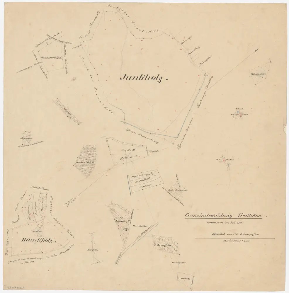 Truttikon: Gemeindewaldung: Junkholz, Hüsli (Häusliholz), Husemerbüel (Hausemer Bühel), Ochsenbüel (Im Ochsenbühel), Brotchorb (Brodkorb), Hägeler, Erlihau (Erlenhau), Sandbuck, Grüt (Greutfeld); Grundrisse