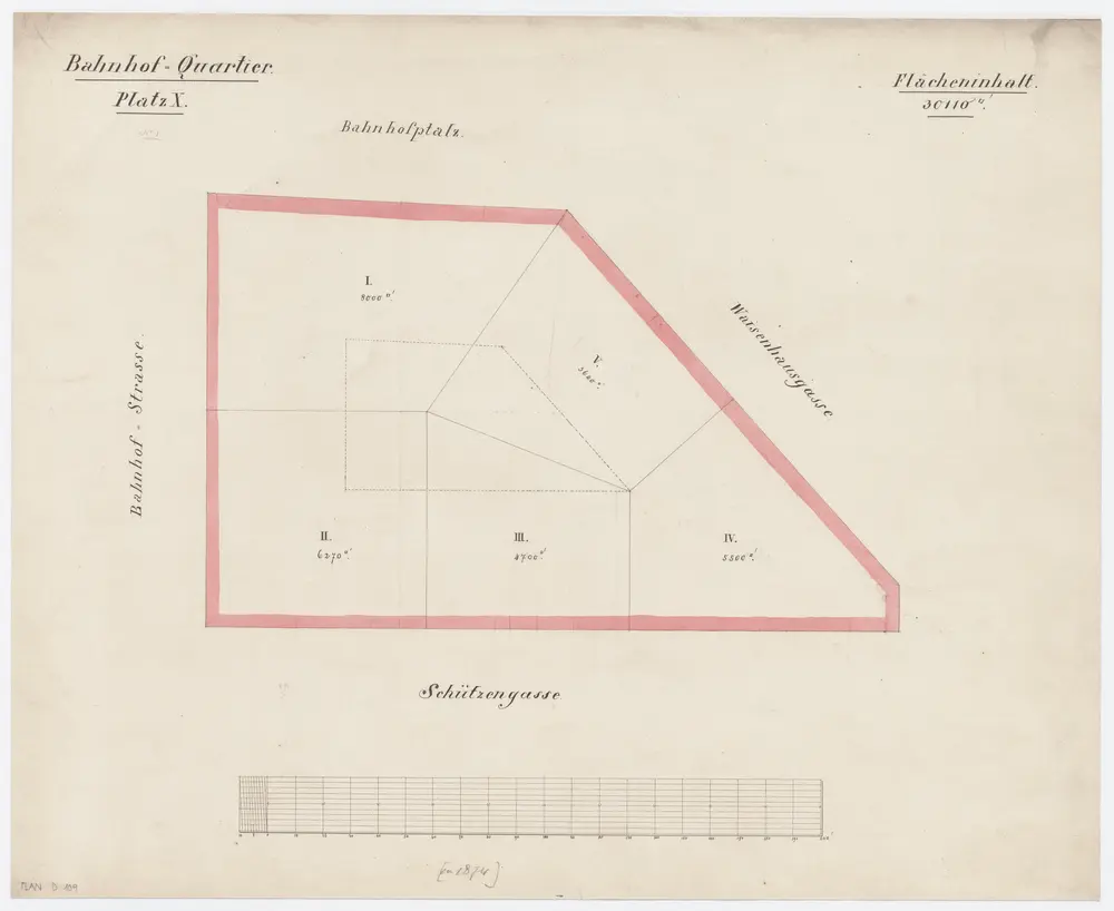 Bahnhofquartier, Bauabteilung 10, Gebäude an der Waisenhausgasse, Schützengasse, Bahnhofstrasse und am Bahnhofplatz: Einteilung der Bauplätze; Grundriss (Nr. 1)