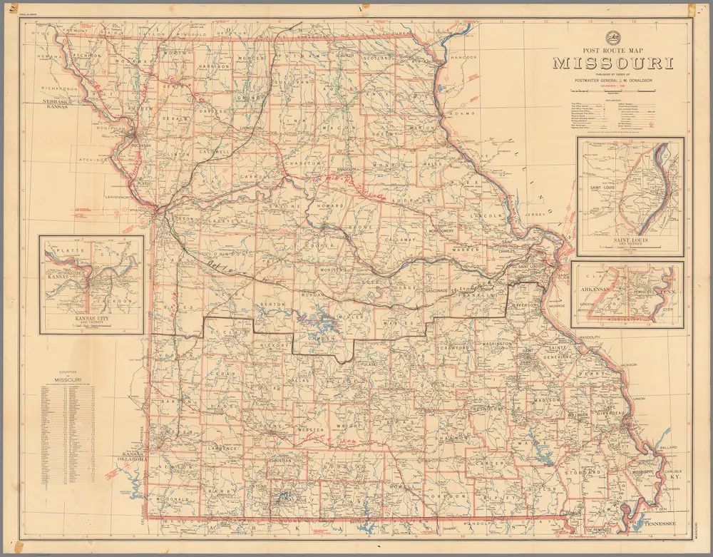 Post Route Map of the State of Missouri Showing Post Offices ... November 1, 1950.