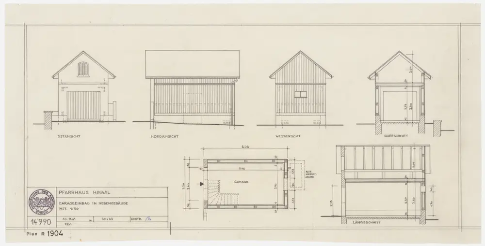 Hinwil: Nebengebäude, Garageneinbau; Grundriss, Nord-, Ost-, und Westansichten, Längs- und Querschnitt