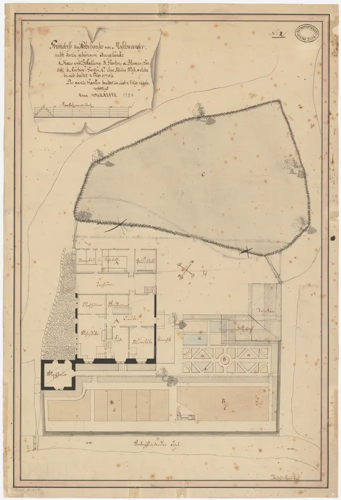 Maschwanden: Pfarrhaus, Waschhaus und Holzschuppen und Umgebung; Grundriss (Nr. 2)