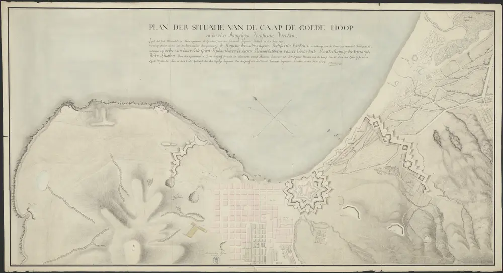 Plan der situatie van den Caap de Goede Hoop ... waarop gebragt ... de projecten der onderschijden fortificatiewerken ..., getekend door Thibault (basiskaart) en S.W. van de Graaff en Barbier (projecten), (K18).