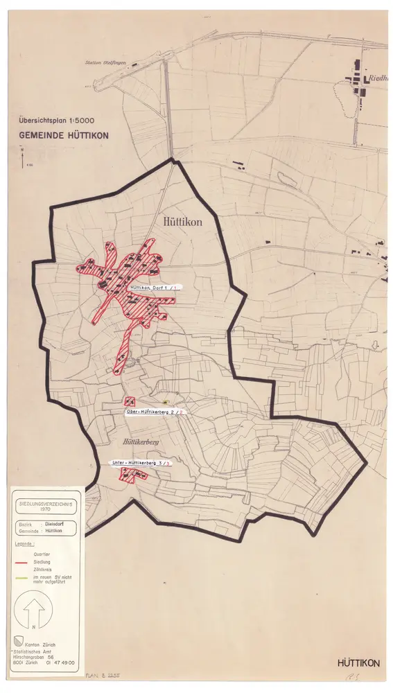 Hüttikon: Definition der Siedlungen für die eidgenössische Volkszählung am 01.12.1970; Siedlungskarte