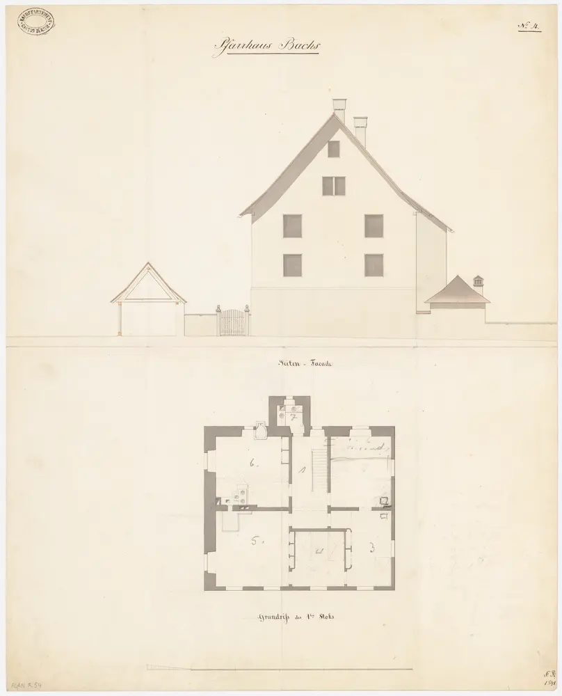 Bachs: Pfarrhaus; Ansicht der Seitenfassade und Grundriss des 1. Stocks (Nr. 4)