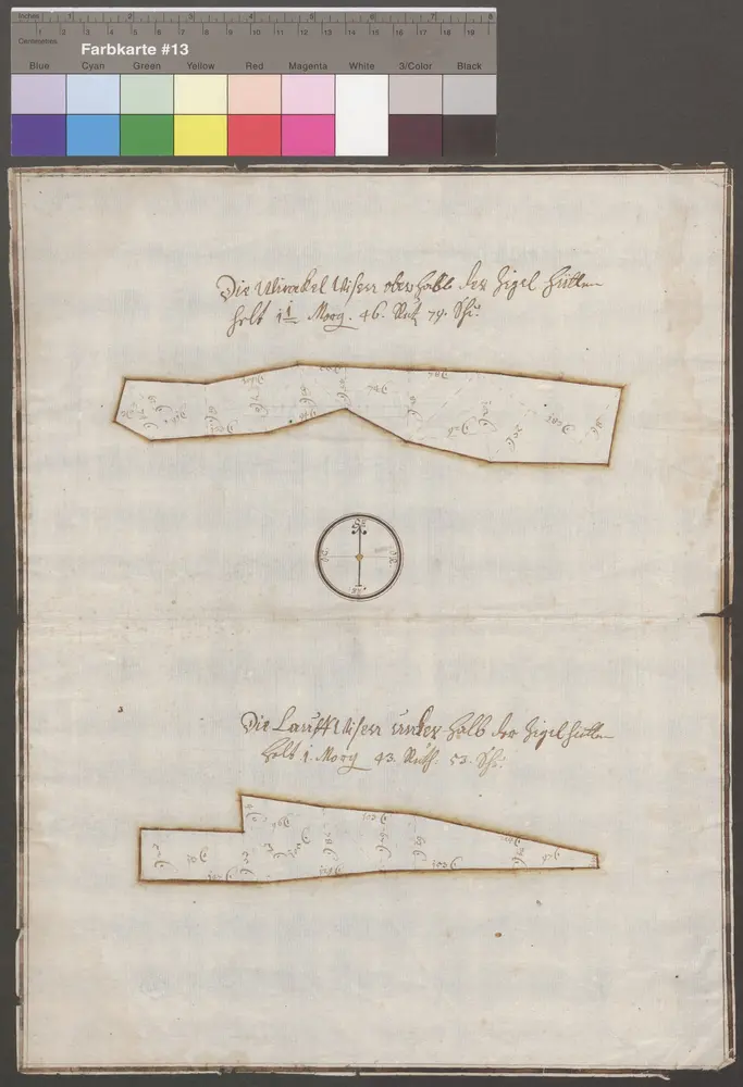 HZAN GA 100_Nr. 147_ : Ingelfingen; "Die Winkel- und Laufwiesen";[Joh. Christoph Leyser];ohne Maßstab;29,5 x 37 cm; Norden oben;Papier; Federzeichnung; Grenzen in Wasserfarben; Grundstücke zur Vermessung in Drei- und Vierecke eingeteilt.