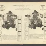 Mortalité de 1 à 5 ans. Comparaison (d'aprés les leintes) de la France de 1840-49 avec la France de 1857-66 dans l'une e l'autre cartes les mêmes teintes correspondens á la mêine mortalité ...