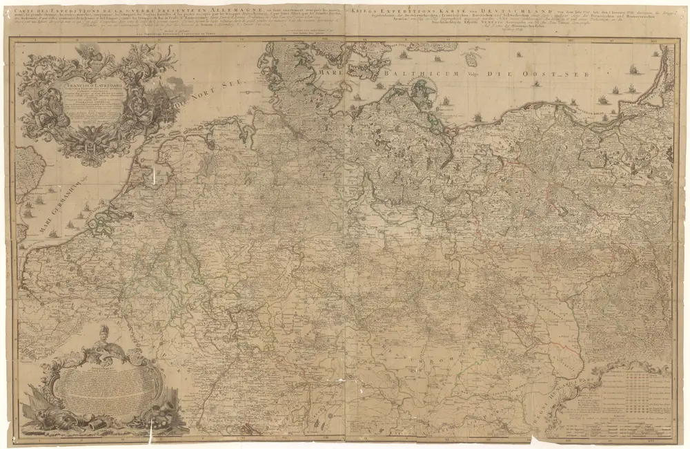 Carte des expeditions de la gverre presente en Allemagne, ou sont exactement marqués les mouvements, les grands chemins, les routes, marches, campemens, les attaques, les sieges, batailles & les postes occupés par les trouppes autrichiennes, & par leurs alliés, par les armées suedoises, russiennes, & par celles combinées de la France & de l'Empire, contre les trouppes du roi de Prusse & Hannovriennes, depuis l'entrée de l'armée prussienne en saxe l'an 1756. jusqu a l'an 1759