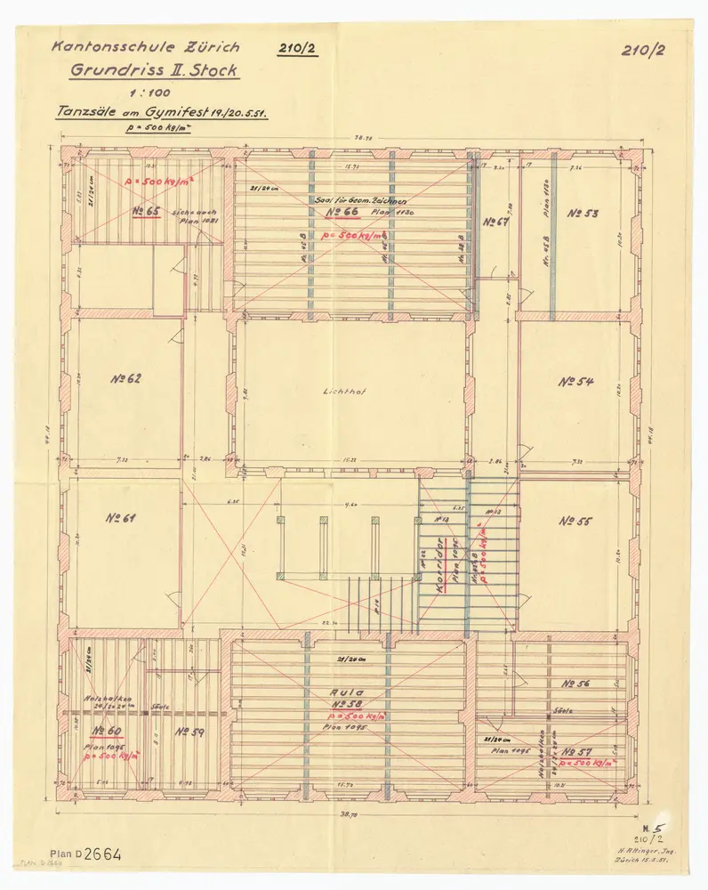 Realgymnasium, Rämistrasse 59: 2. Stock, Traglast; Grundriss