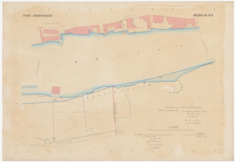 Feuerthalen bis Flurlingen: Durch den Vertrag vom 11.01.1901 zwischen den Kantonen Zürich und Schaffhausen festgelegter Grenzverlauf am linken Rheinufer bei Schaffhausen; Situationspläne: Rhein bei Steinhölzli in Flurlingen und Feuerthalen; Situationsplan (Rheinplan Nr. II)