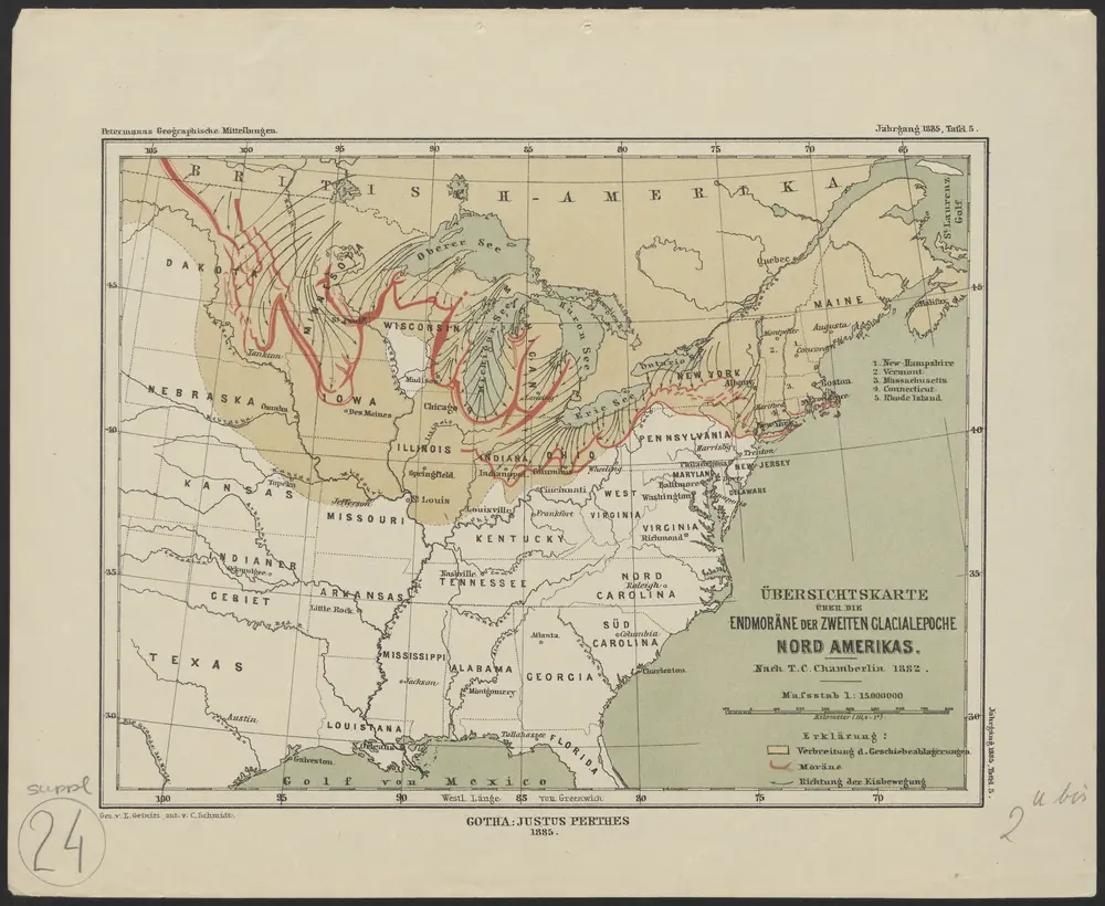 Übersichtskarte über die Endmoräne der zweiten Glacialepoche Nord Amerikas nach T. C. Chamberlin 1882