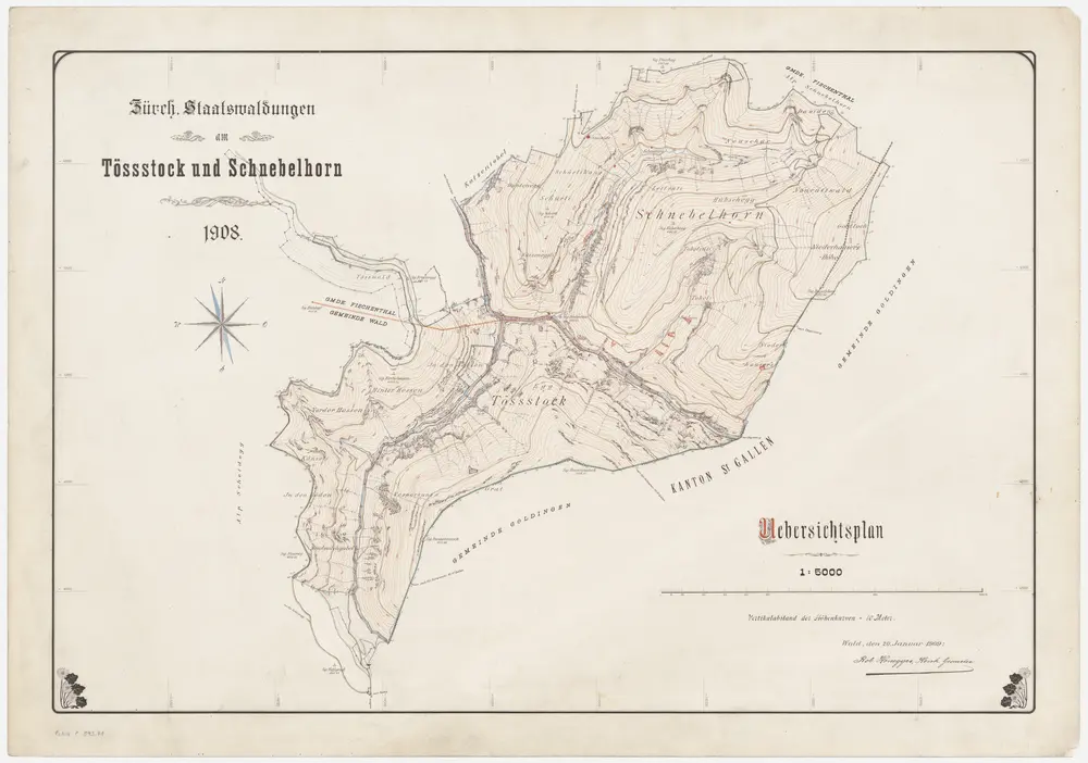 Wald, Fischenthal, Goldingen SG: Waldungen: Wald, Fischenthal: Staatswaldungen an Tössstock und Schnebelhorn im Jahr 1908; Übersichtsplan