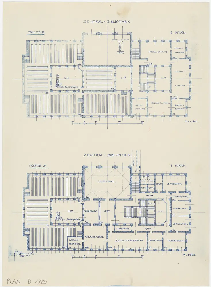 Projektierte Zentralbibliothek auf dem Stockargut: 1. und 2. Stock; Grundrisse