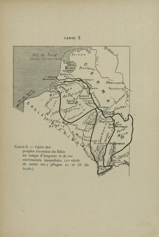 Carte des peuples riverains du Rhin au temps d’Auguste et de ses successeurs immédiats