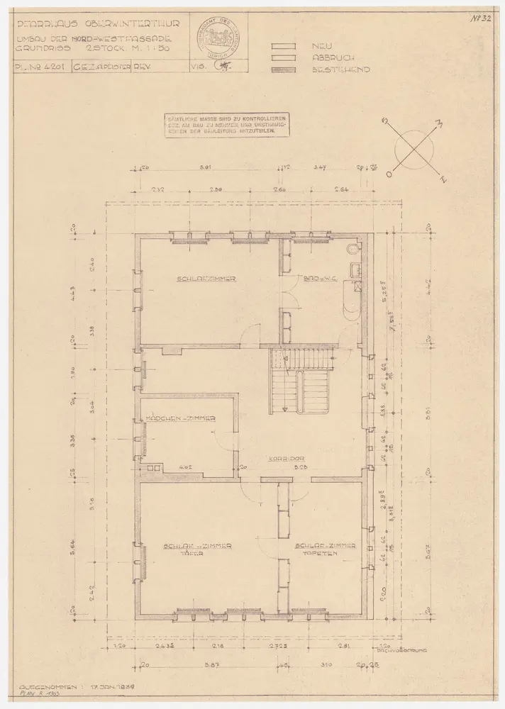 Oberwinterthur: Pfarrhaus, projektierter Umbau der Nordwestfassade, 2. Stock (Variante 2); Grundriss (Nr. 32)