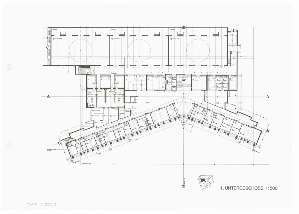 Kantonsschule Rämibühl: Ansichten, Grundrisse und Schnitte: Oberrealschule und Turnhallen: 1. Untergeschoss; Grundriss