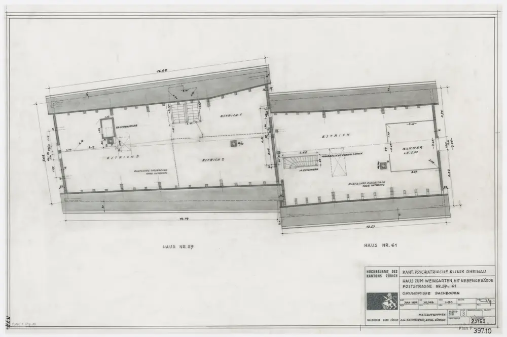 Psychiatrische Klinik Alt-Rheinau: Haus zum Weingarten mit Nebengebäude; Ansichten, Grundrisse und Schnitte: Dachgeschoss; Grundriss