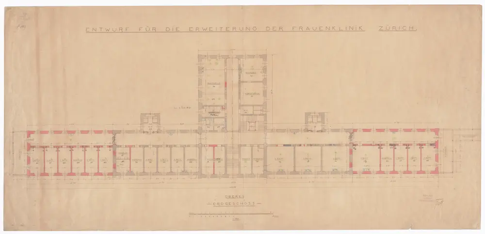Gebäranstalt: Entwurf für die Erweiterung; Oberes Erdgeschoss; Grundriss