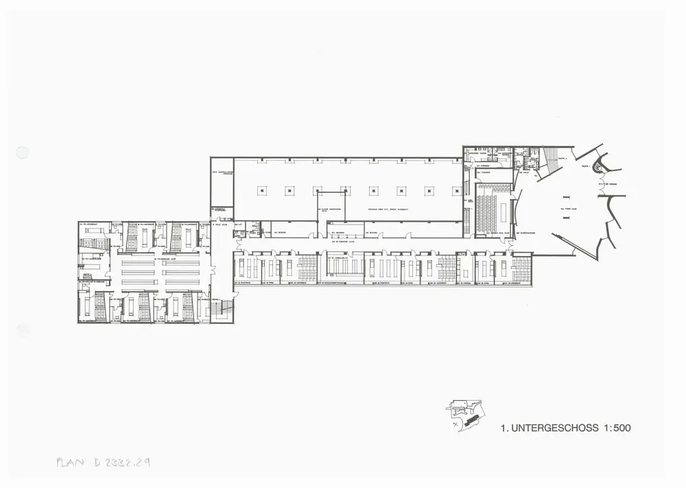 Kantonsschule Rämibühl: Ansichten, Grundrisse und Schnitte: Naturwissenschaftliche Institute: 1. Untergeschoss; Grundriss