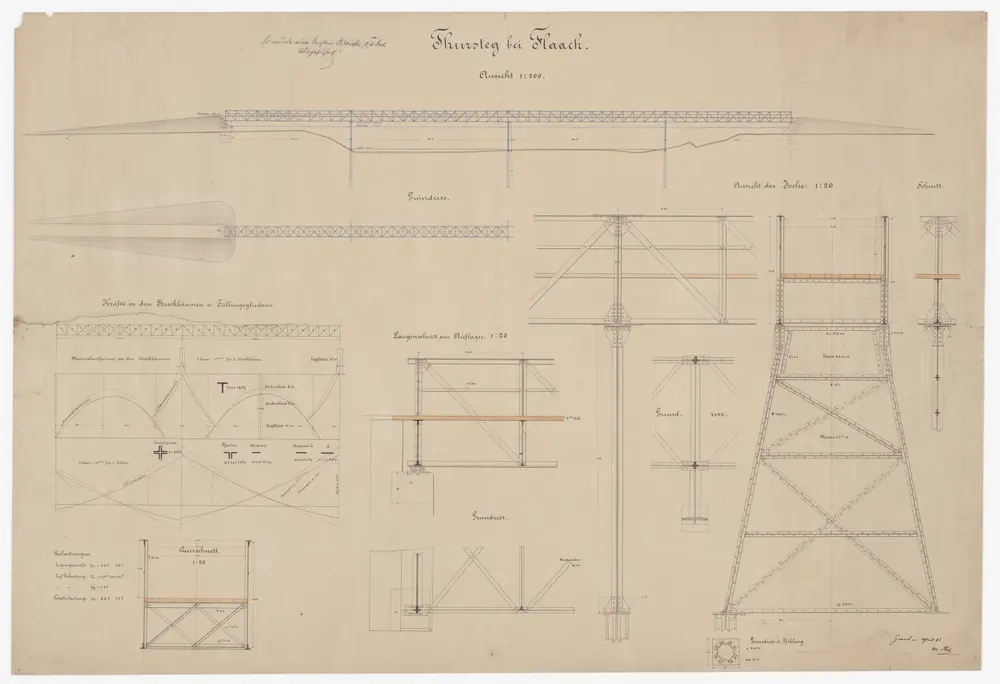 Flaach: Eiserner Fachwerksteg über die Thur; Ansichten, Grundrisse und Schnitte