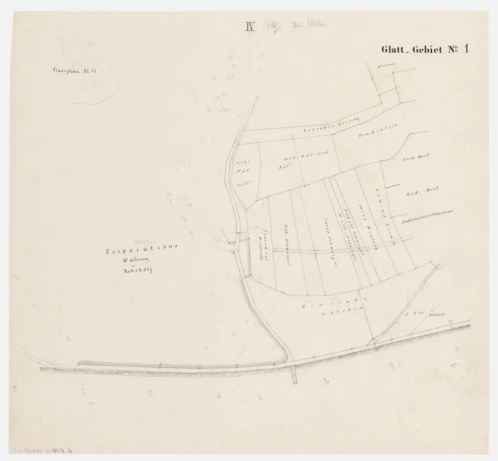 Opfikon bis Oberglatt: Grundeigentümer entlang der Glatt; Grundrisse (Glatt-Gebiet Nr. 1): Blatt IV: Opfikon beim Kehr und den Platten in Glattbrugg; Grundriss (Glatt-Gebiet Nr. 1)